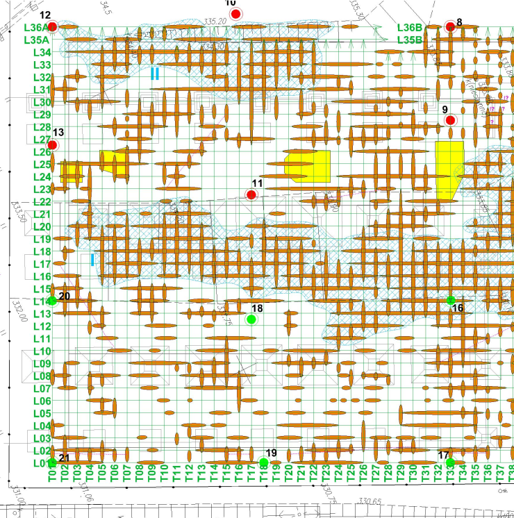 GeoSpectrum - Przykładowa mapa anomalii georadarowych wraz z interpretacją przestrzenną dla celów poszukiwania pozostałości obiektów w gruncie